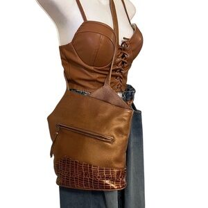Max New York Copper Camel Croc Print Leather Asymmetrical Shoulder Crossbody Bag